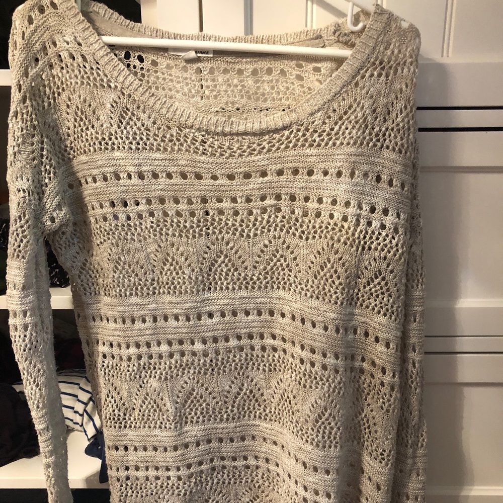 Garage Crochet Wide Scoop Neck Off-Shoulder Full Length Sweater w Long Sleeves